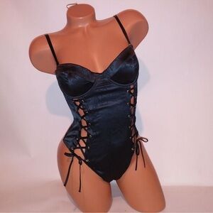 Victoria secret satin rose print lace up Teddy bodysuit